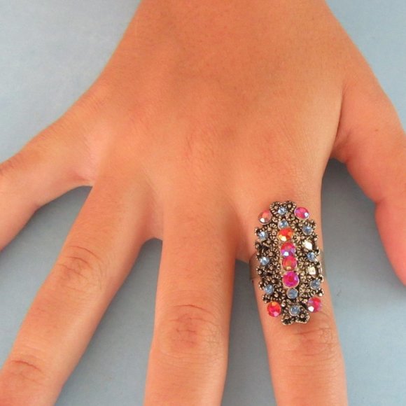 Red & blue rhinestone cocktail ring size 8 - 9 NEW - Picture 8 of 12